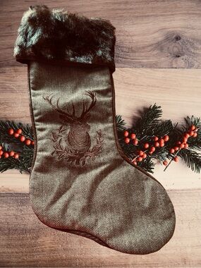 Brown Faux Fur Cuff Holiday Stocking with Embroidered Stag